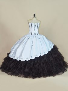 White And Black Sleeveless Floor Length Embroidery and Ruffled Layers Lace Up Quinceanera Gown