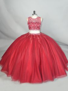 Colorful Scoop Sleeveless Zipper 15 Quinceanera Dress Red Tulle