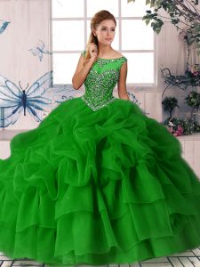 Best Selling Sleeveless Brush Train Beading and Pick Ups Zipper Quinceanera Gown