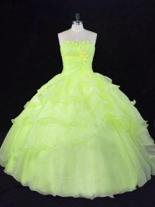 Luxury Organza Sweetheart Sleeveless Lace Up Ruffles and Hand Made Flower Sweet 16 Quinceanera Dress in Yellow Green