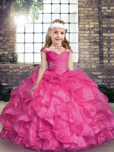 Floor Length Hot Pink Little Girls Pageant Gowns Straps Sleeveless Lace Up