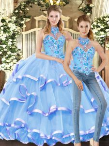 Custom Design Halter Top Sleeveless Lace Up Quinceanera Dresses Blue Organza