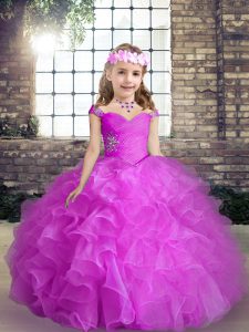 Organza Straps Sleeveless Lace Up Beading and Ruffles Little Girl Pageant Dress in Fuchsia