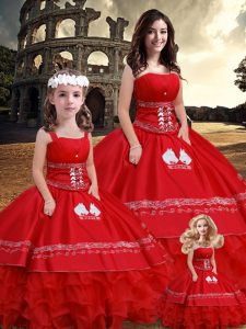 Clearance Red Satin Lace Up Strapless Sleeveless Floor Length 15 Quinceanera Dress Embroidery and Ruffles