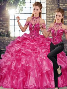 Fuchsia Sleeveless Floor Length Beading and Ruffles Lace Up Sweet 16 Dress