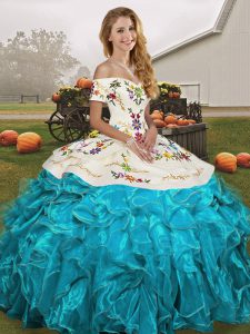 Low Price Aqua Blue Ball Gowns Embroidery and Ruffles Quinceanera Gown Lace Up Organza Sleeveless Floor Length