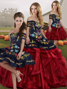 Sleeveless Organza Floor Length Lace Up Sweet 16 Dress in Red And Black with Embroidery and Ruffles