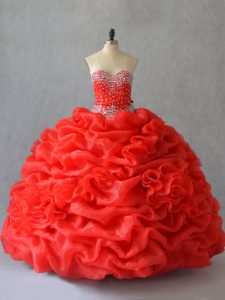 Sophisticated Red Lace Up Sweet 16 Quinceanera Dress Pick Ups and Hand Made Flower Sleeveless Floor Length