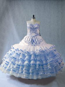 Organza Sweetheart Sleeveless Lace Up Embroidery and Ruffled Layers Sweet 16 Dress in Blue And White