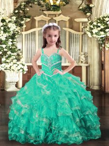 Turquoise Lace Up Little Girls Pageant Gowns Beading and Ruffles Sleeveless Floor Length