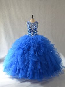 Eye-catching Blue Scoop Side Zipper Beading and Ruffles Sweet 16 Dress Sleeveless