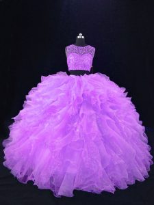 New Arrival Floor Length Lavender Quinceanera Dress Organza Sleeveless Beading and Ruffles