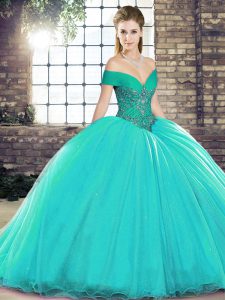 Turquoise Sweet 16 Dresses Military Ball and Sweet 16 and Quinceanera with Beading Off The Shoulder Sleeveless Brush Train Lace Up