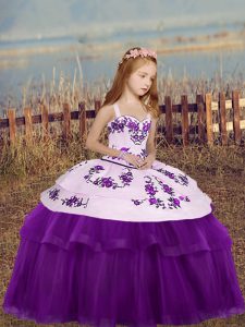 Embroidery Little Girls Pageant Gowns Eggplant Purple Lace Up Sleeveless Floor Length