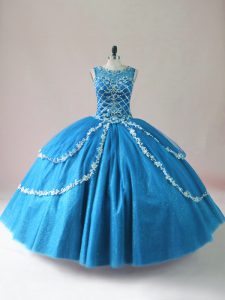 Custom Made Baby Blue Tulle Lace Up Scoop Sleeveless Floor Length Sweet 16 Quinceanera Dress Beading and Appliques