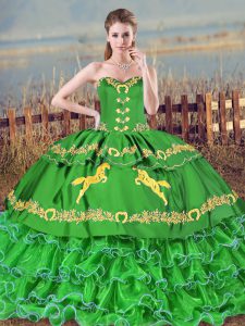 Hot Sale Green Organza Lace Up Sweetheart Sleeveless Quinceanera Gown Brush Train Embroidery and Ruffled Layers