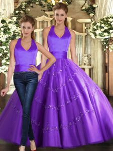 Fashionable Purple Ball Gowns Beading Quinceanera Gown Lace Up Tulle Sleeveless Floor Length