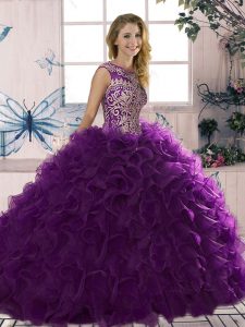 Delicate Scoop Sleeveless Lace Up Quinceanera Gowns Purple Organza