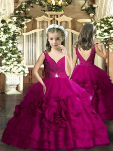 Stunning Fuchsia V-neck Neckline Beading Child Pageant Dress Sleeveless Backless