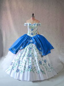 Blue And White Sleeveless Floor Length Embroidery and Ruffles Lace Up 15 Quinceanera Dress