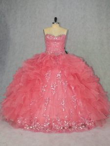 Watermelon Red Sleeveless Beading and Ruffles Floor Length 15th Birthday Dress