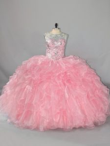 Beading and Ruffles 15 Quinceanera Dress Pink Lace Up Sleeveless Floor Length