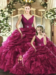 Low Price Burgundy Organza Backless V-neck Sleeveless Floor Length Quinceanera Gown Ruffles