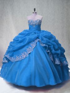 Sexy Blue Ball Gowns Organza Sweetheart Sleeveless Beading and Appliques and Pick Ups Floor Length Lace Up 15 Quinceanera Dress