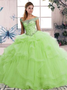 Sleeveless Floor Length Beading and Ruffles Lace Up Sweet 16 Dresses with Yellow Green