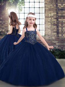 Straps Sleeveless Lace Up Little Girls Pageant Gowns Navy Blue Tulle