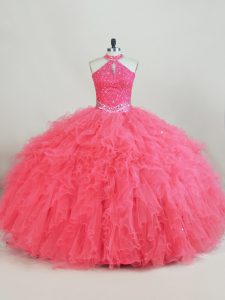 Artistic Beading and Ruffles Quinceanera Dress Pink Lace Up Sleeveless