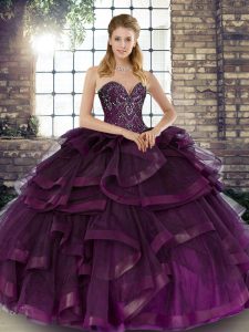 Dark Purple Ball Gowns Beading and Ruffles Quinceanera Gown Lace Up Tulle Sleeveless Floor Length