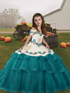 Tulle Sleeveless Floor Length Child Pageant Dress and Embroidery and Ruffled Layers