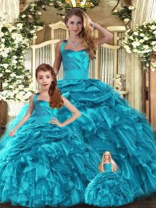 Beautiful Teal Sleeveless Ruffles and Pick Ups Floor Length 15th Birthday Dress