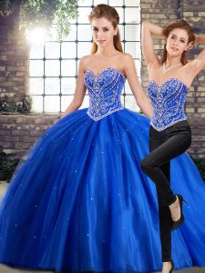 Sexy Blue Lace Up 15 Quinceanera Dress Beading Sleeveless Brush Train