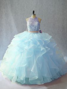 Glamorous Scoop Sleeveless Brush Train Backless 15 Quinceanera Dress Light Blue Organza