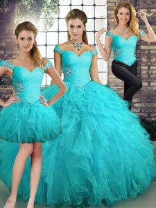 Aqua Blue Sleeveless Tulle Lace Up Ball Gown Prom Dress for Military Ball and Sweet 16 and Quinceanera