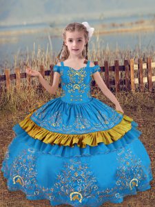 Baby Blue Ball Gowns Satin Off The Shoulder Sleeveless Beading and Embroidery Floor Length Lace Up Kids Formal Wear