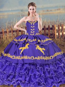 Purple Ball Gowns Organza Sweetheart Sleeveless Embroidery and Ruffled Layers Lace Up 15 Quinceanera Dress Brush Train