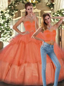 Dazzling Floor Length Orange Ball Gown Prom Dress Organza Sleeveless Ruffled Layers