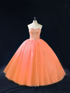 New Arrival Sleeveless Tulle Lace Up Vestidos de Quinceanera in Peach with Beading