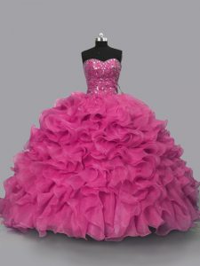 Admirable Organza Sweetheart Sleeveless Lace Up Beading Sweet 16 Quinceanera Dress in Hot Pink