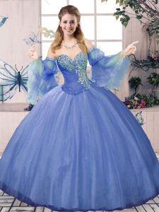 Blue Lace Up Sweet 16 Quinceanera Dress Beading Sleeveless Floor Length