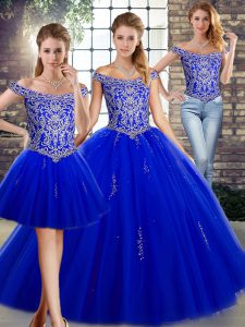 Royal Blue Off The Shoulder Neckline Beading Quince Ball Gowns Sleeveless Lace Up