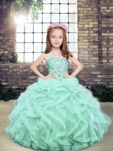 Ball Gowns Little Girls Pageant Gowns Apple Green Straps Tulle Sleeveless Floor Length Lace Up