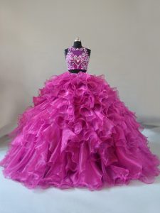 Classical Beading and Ruffles Quinceanera Gown Fuchsia Zipper Sleeveless Brush Train