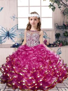 Customized Scoop Sleeveless Lace Up Little Girls Pageant Dress Wholesale Fuchsia Organza