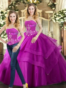 Chic Ball Gowns 15th Birthday Dress Fuchsia Strapless Tulle Sleeveless Floor Length Lace Up