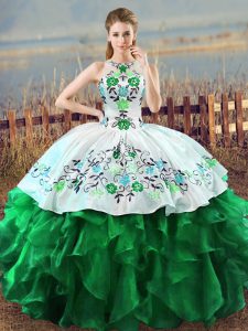 Inexpensive Halter Top Sleeveless Organza Quinceanera Dresses Embroidery and Ruffles Lace Up