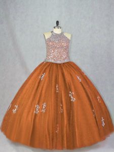 Brown 15th Birthday Dress Sweet 16 and Quinceanera with Beading and Appliques Halter Top Sleeveless Lace Up